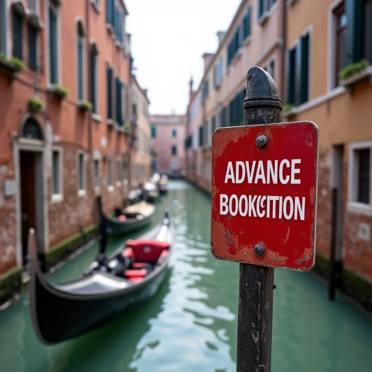 Placa indicando a necessidade de reservar passeios de gôndola com antecedência.