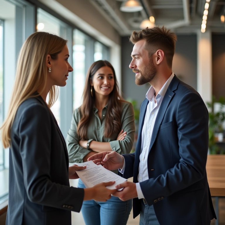 Planejador de eventos discutindo aluguel de móveis com casal.