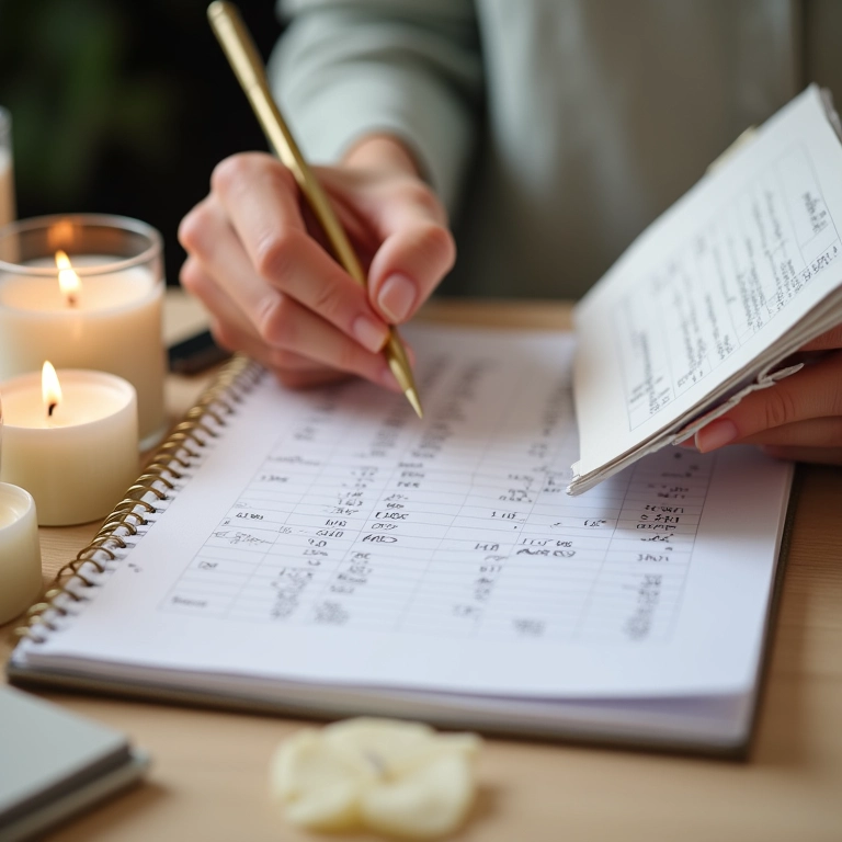 Planejadora de casamentos calculando o custo das velas em um caderno.