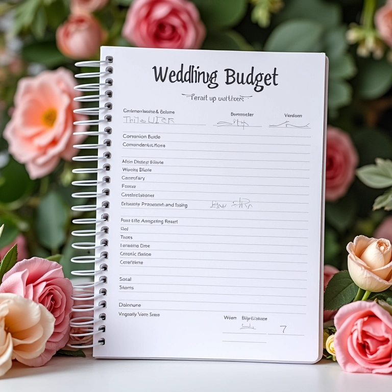 Planejamento de orçamento de casamento com caderno, calculadora e inspiração floral.