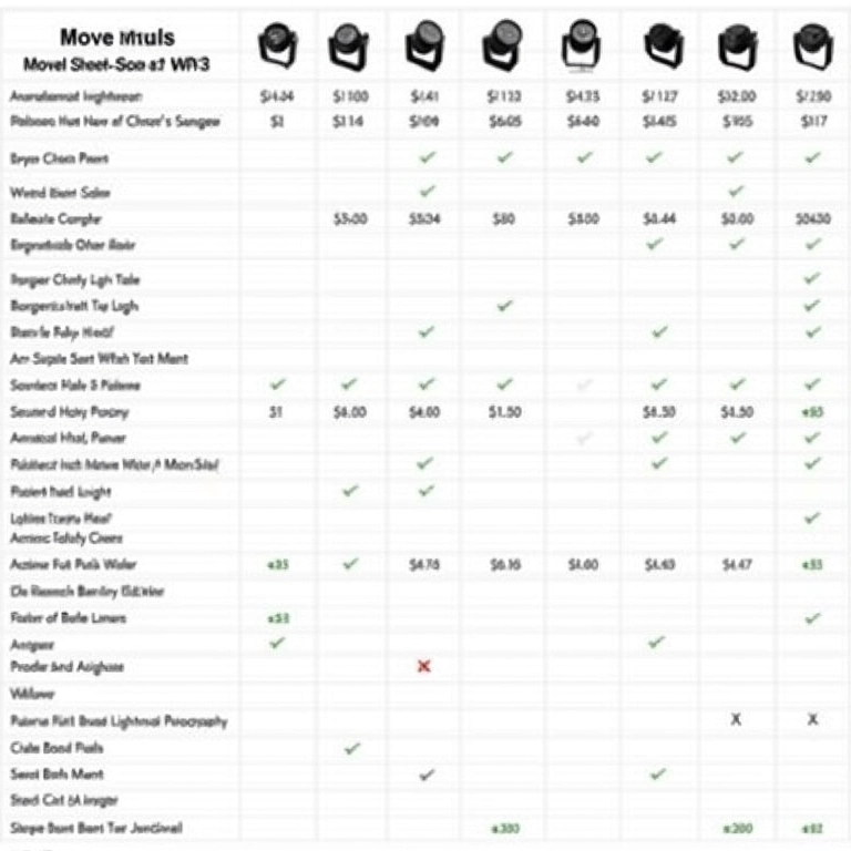 Planilha comparando custos de diferentes modelos de moving head para iluminação de casamento.