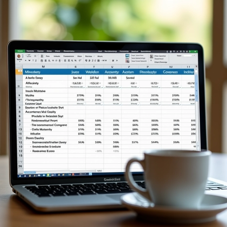 Planilha de orçamento de casamento aberta em um laptop com xícara de café ao lado.