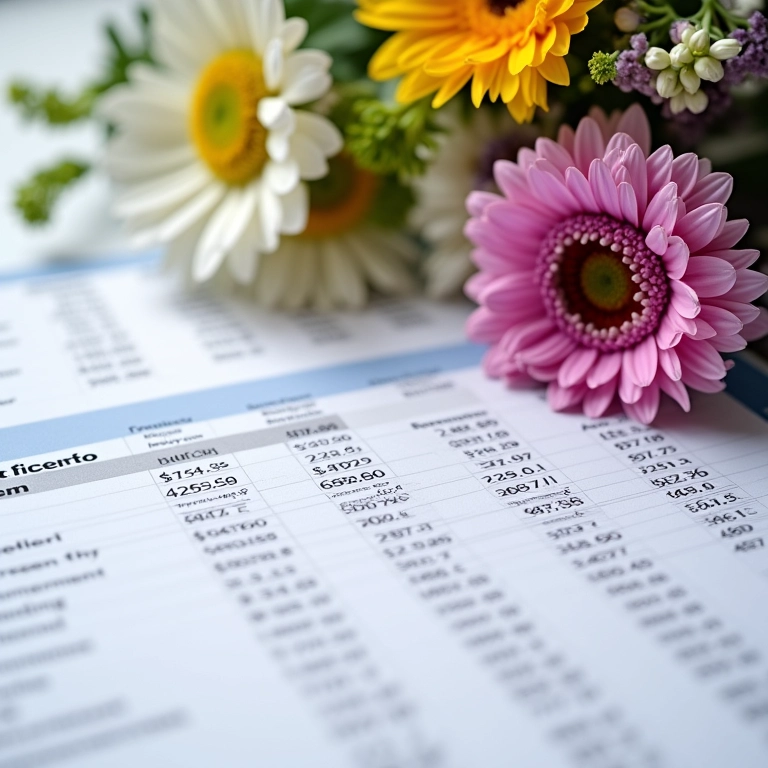 Planilha de orçamento de casamento com arranjo de flores do campo ao lado.
