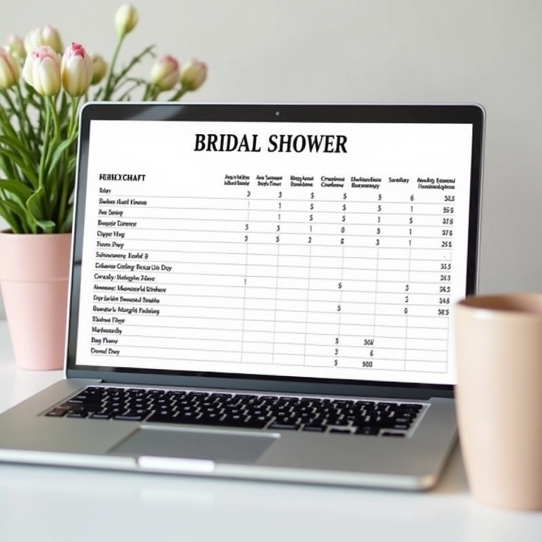 Planilha de orçamento para chá de cozinha em tela de laptop.