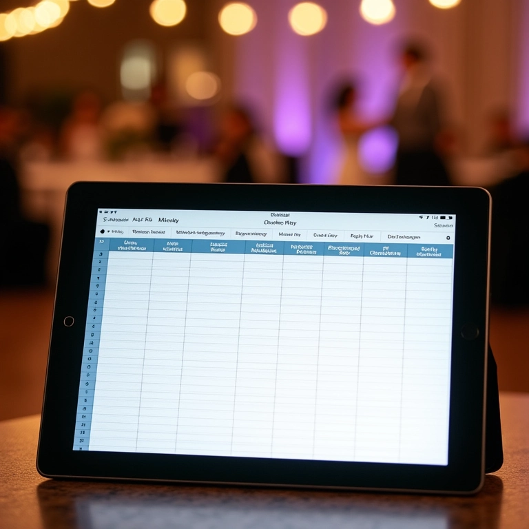 Planilha de planejamento da dança do noivo e da mãe em tablet.