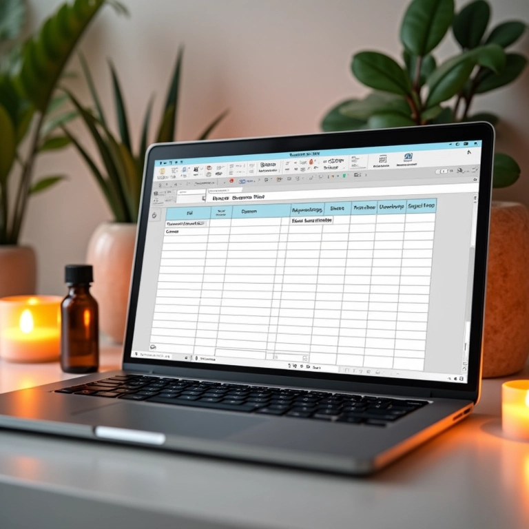 Planilha de planejamento de spa em um laptop, com velas e óleos essenciais.