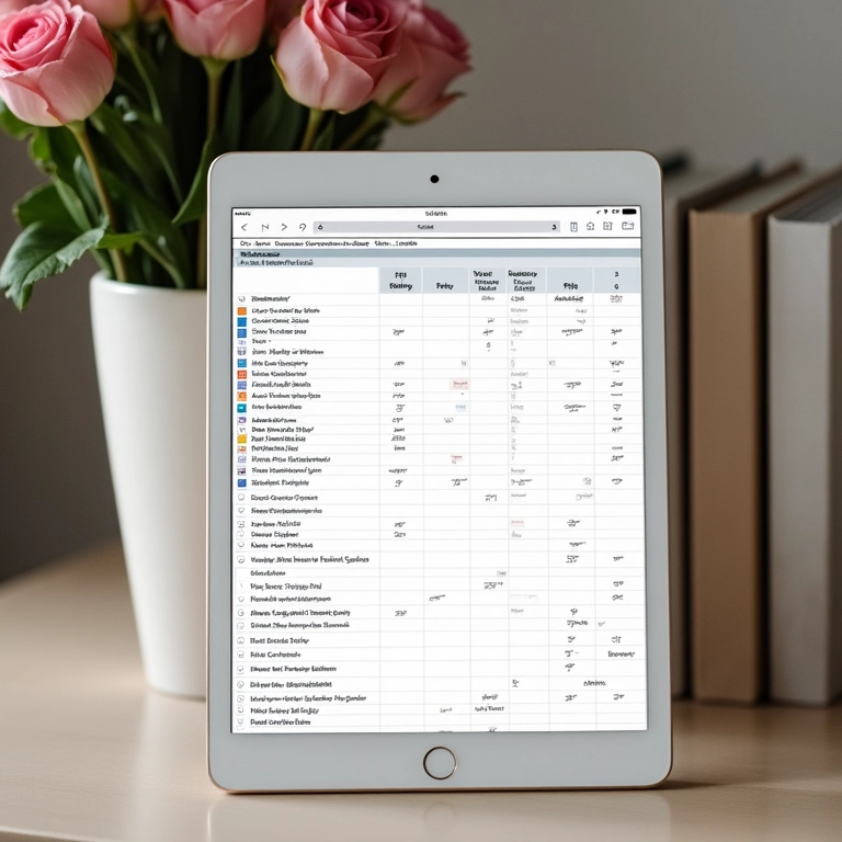 Planilha resumo de acessórios para mães de noivos em tablet.