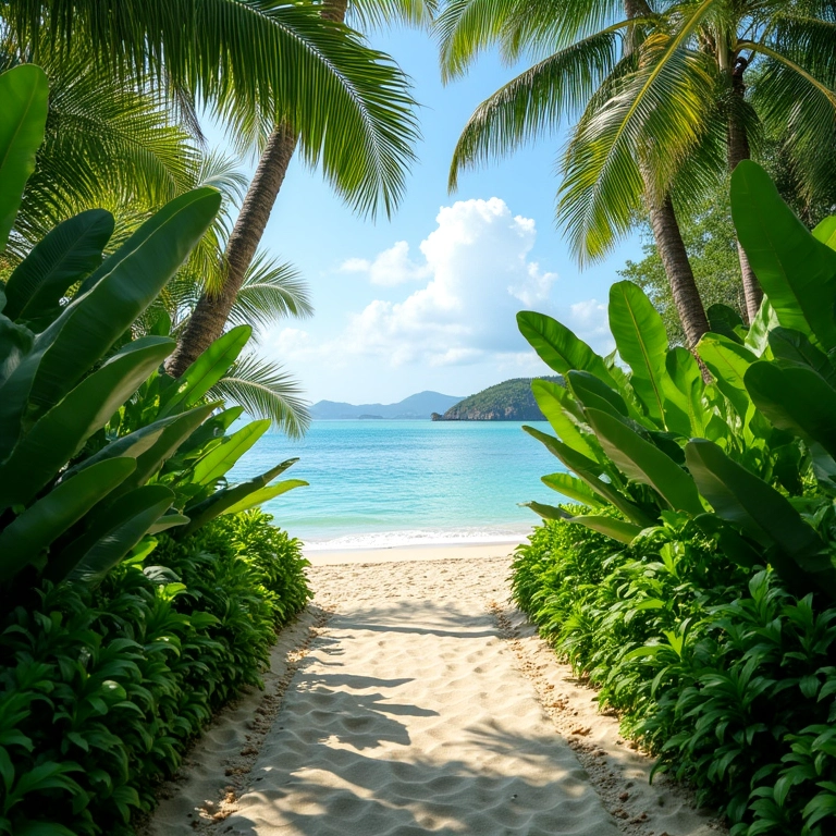 Plantas tropicais verdes exuberantes emoldurando uma cerimônia de casamento na praia.
