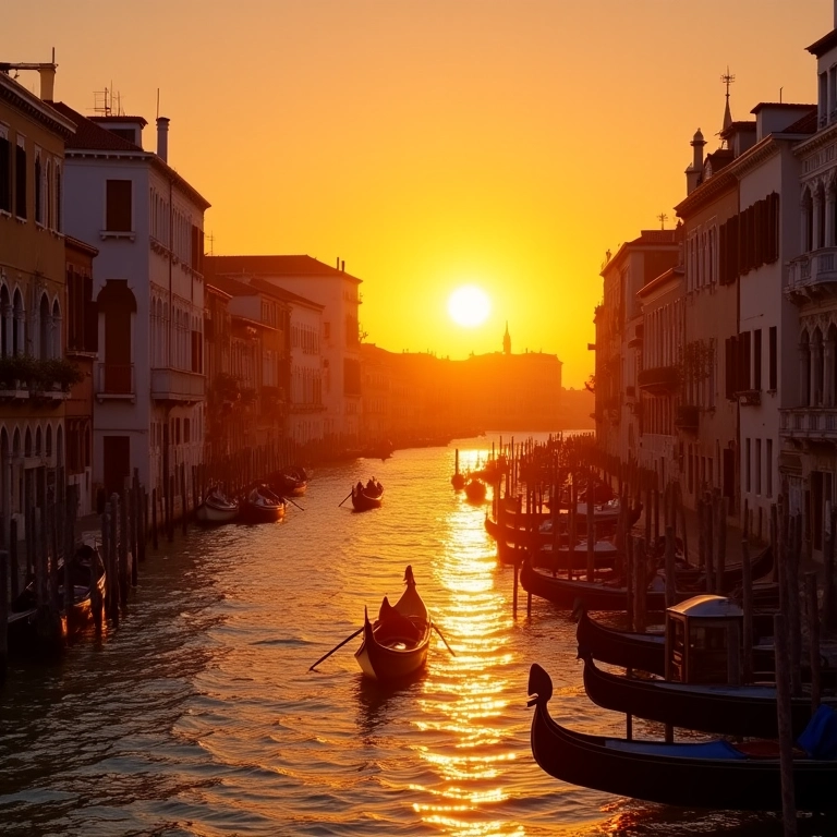Pôr do sol nos canais de Veneza, com gôndolas alinhadas, o melhor horário para um passeio.