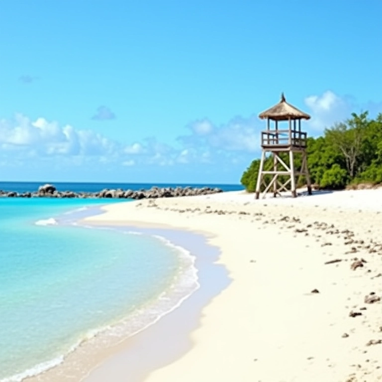 Praia nas Ilhas Maurício com torre de salva-vidas ao fundo.