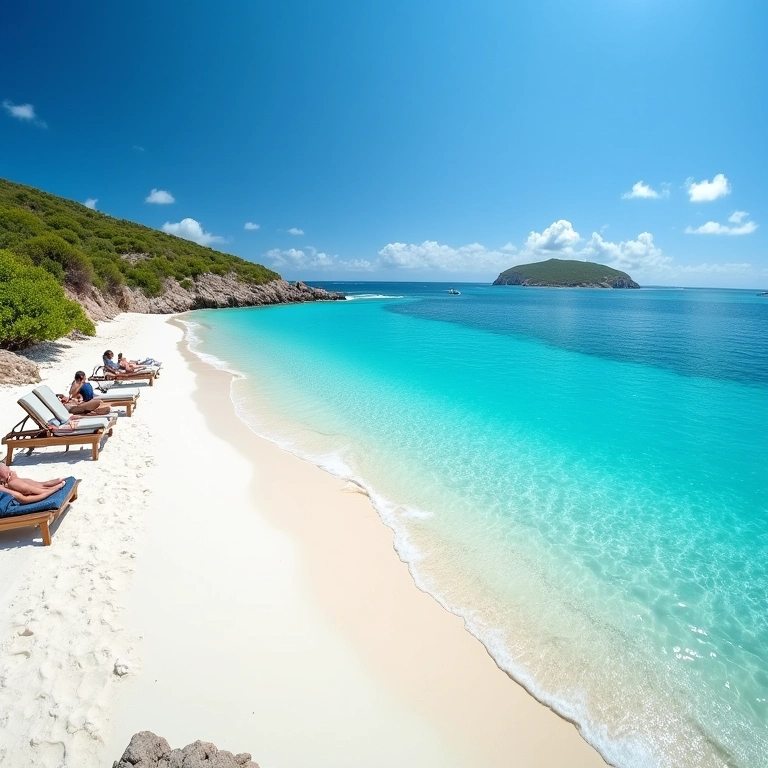 Praia paradisíaca em St. Barths com águas cristalinas e um casal relaxando.