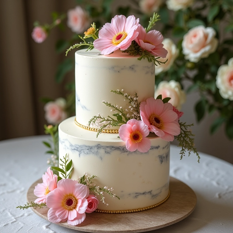 Preparação cuidadosa de bolo de casamento com flores naturais.