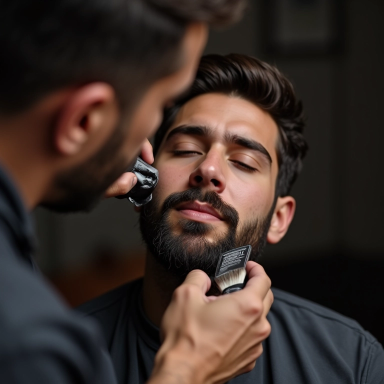 Produtos de beleza sendo aplicados no rosto do noivo.