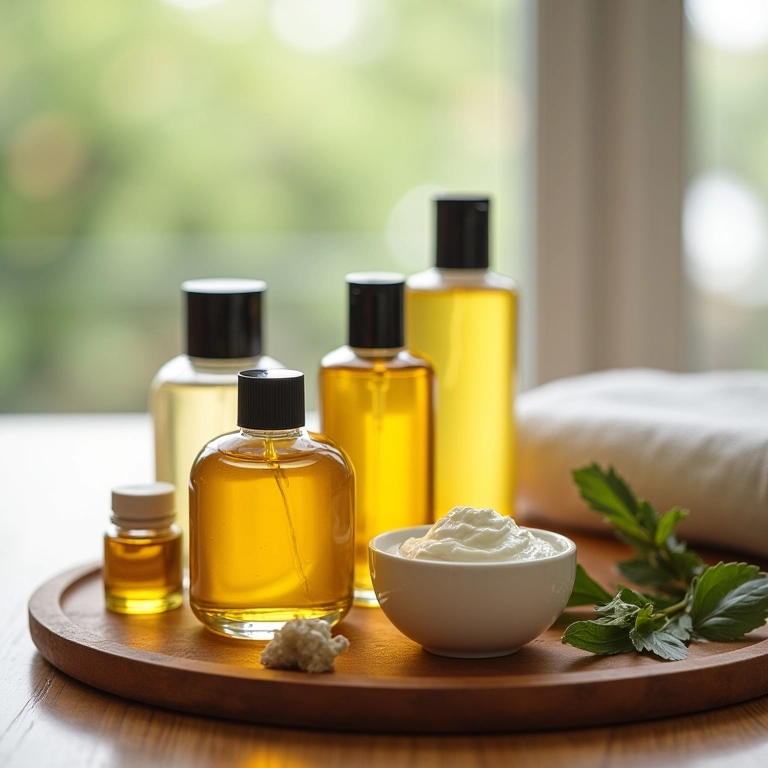 Produtos de spa (óleos, loções, esfoliantes) em uma bandeja de madeira.