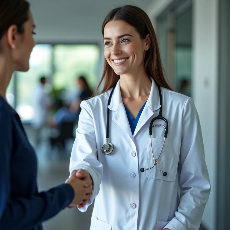 Profissões e riscos financeiros, representadas por um médico e uma empresária, com foco no aperto de mãos.