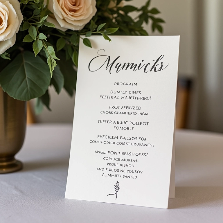 Programa de casamento elegante com anotações sobre as músicas.