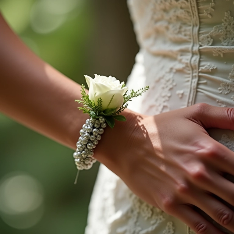 Pulso de madrinha com um corsage preso a uma pulseira estilosa.