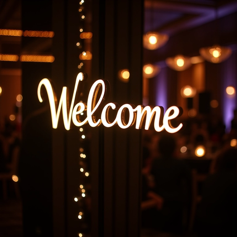 Quadro de boas-vindas com espelho e luzes.