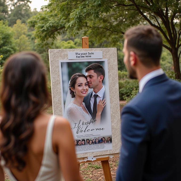 Quadro interativo de boas-vindas com fotos dos noivos.