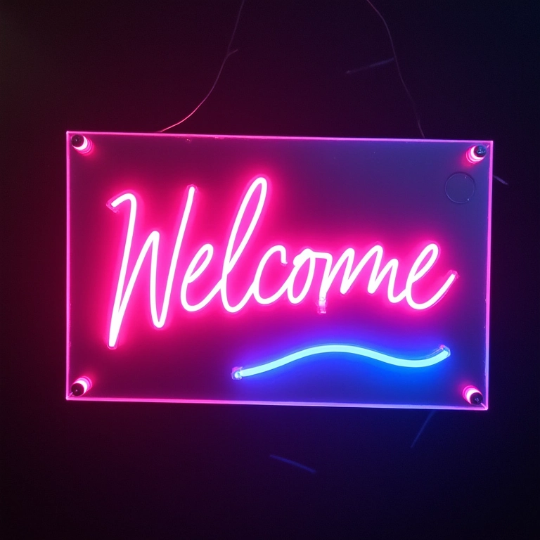 Quadro moderno de boas-vindas com acrílico e neon.