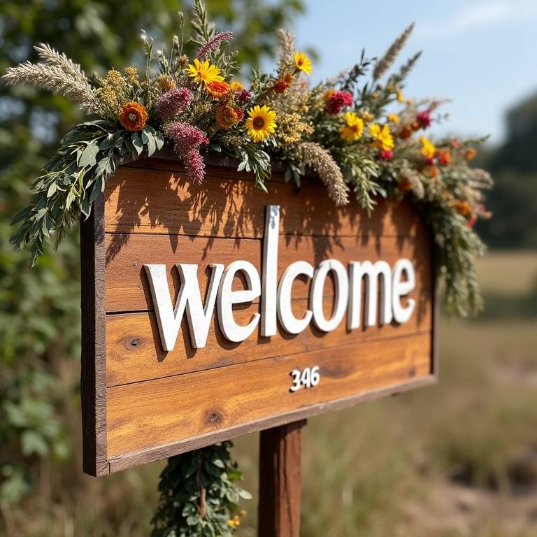 Quadro rústico de boas-vindas com madeira e flores secas.