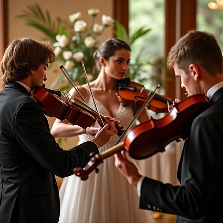 Quarteto de cordas tocando em cerimônia de casamento ao ar livre.