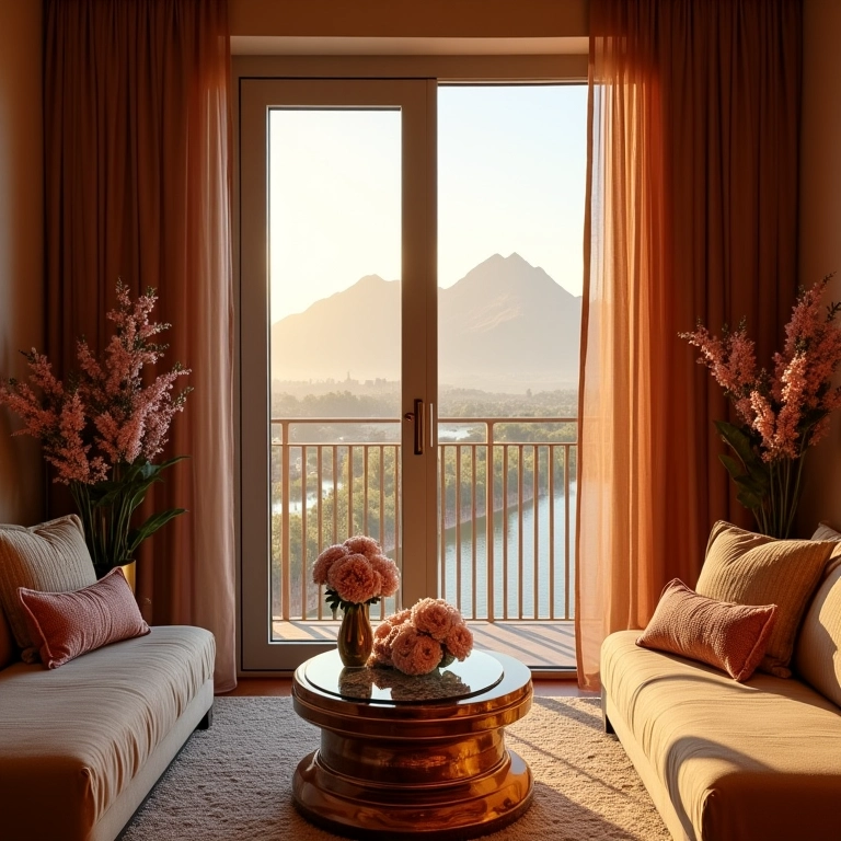 Quarto de hotel de luxo no Egito com vista para o rio Nilo.