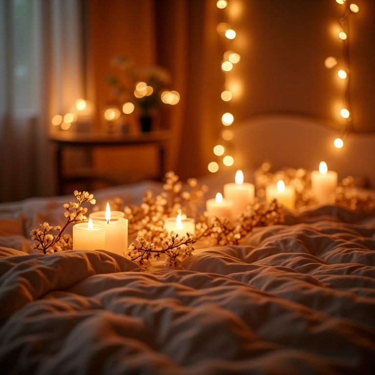 Quarto decorado com luzes, velas e flores.