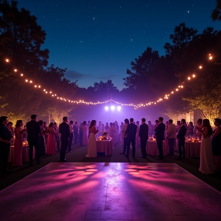 Recepção de casamento ao ar livre com moving heads iluminando a pista de dança sob o céu noturno.