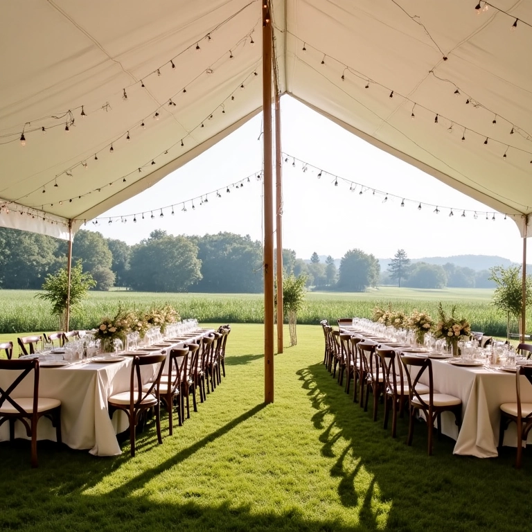 Recepção de casamento ao ar livre sob tenda branca com paisagem verdejante.