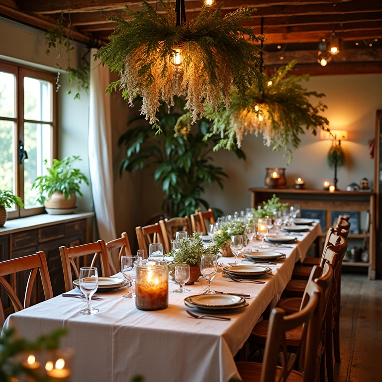 Recepção de casamento boho com móveis ecléticos e decorações relaxadas.