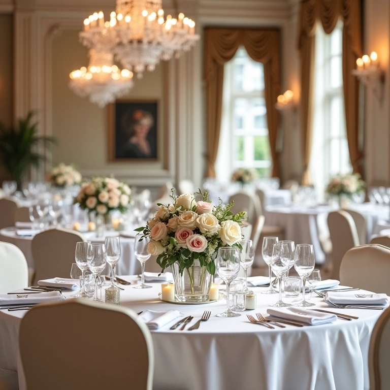 Recepção de casamento clássico com decoração elegante.