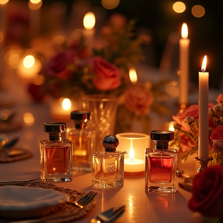 Recepção de casamento com frascos de perfume na decoração das mesas.