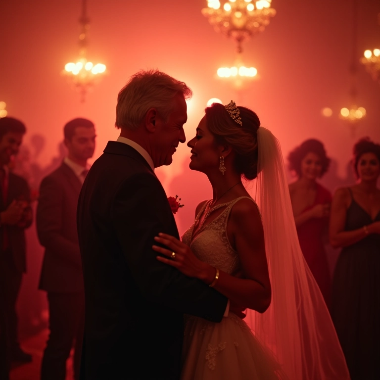 Recepção de casamento com iluminação de efeito elegante.