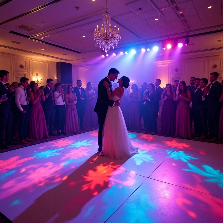 Recepção de casamento com iluminação dinâmica e pista de dança.