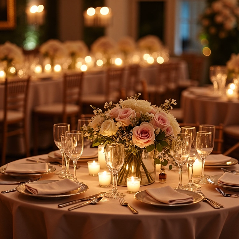 Recepção de casamento com mesa espelhada e decoração floral.