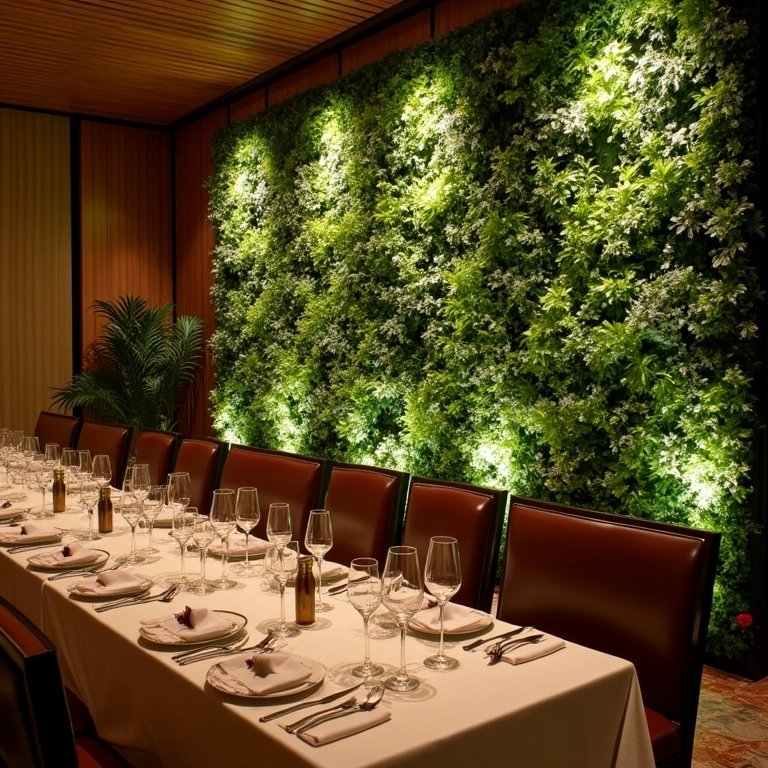 Recepção de casamento com uma parede de jardim vertical elegante.