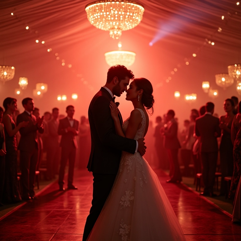 Recepção de casamento elegante com iluminação especial e noivos dançando.