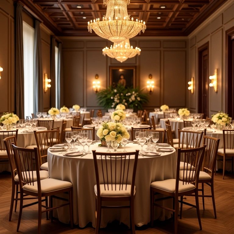 Recepção de casamento elegante com mesas e cadeiras de aluguel.