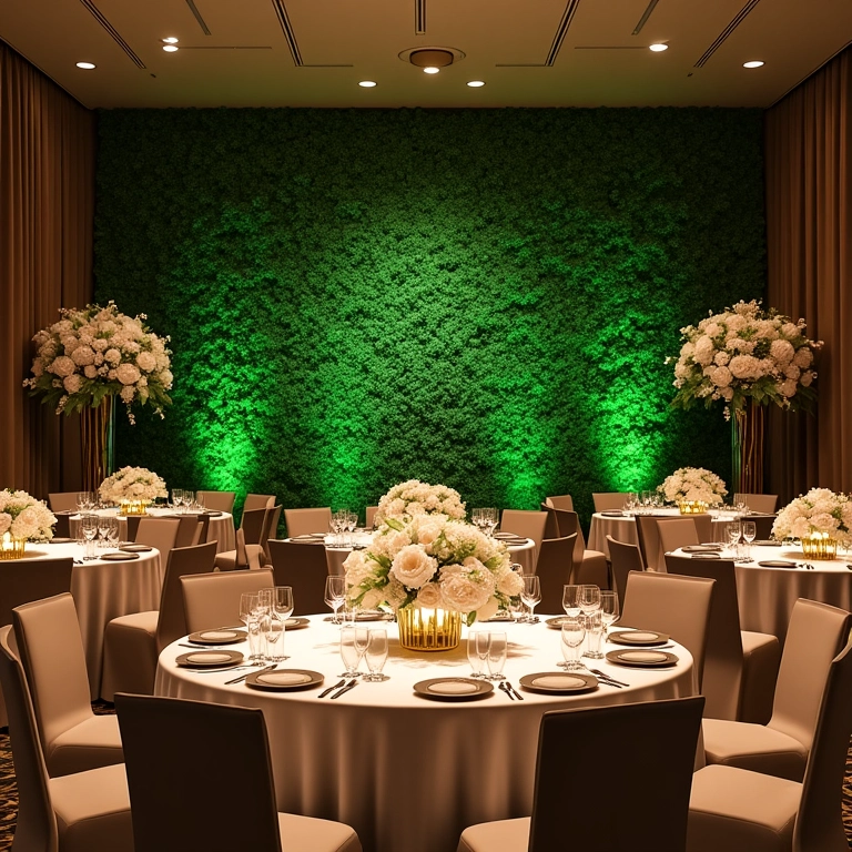 Recepção de casamento elegante com muro inglês e decoração sofisticada.