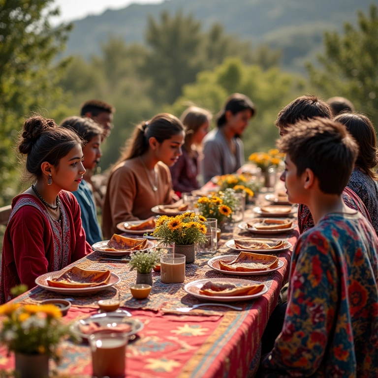 Recepção de casamento indígena ao ar livre com decoração colorida e tecidos tradicionais.