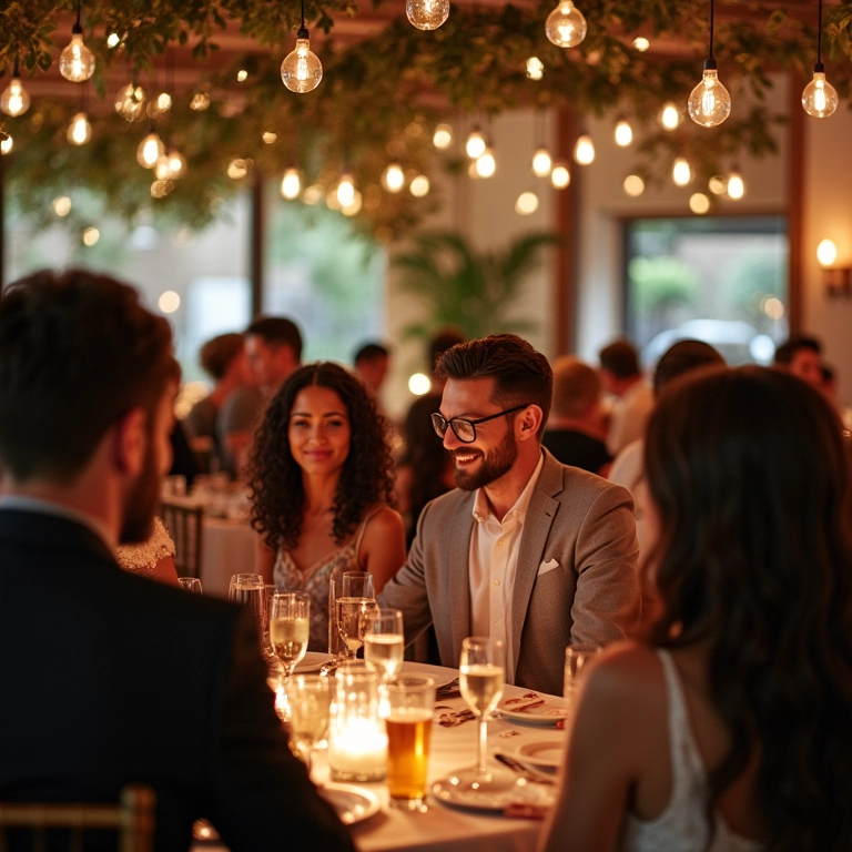 Recepção de casamento moderna com paleta de cores frias.