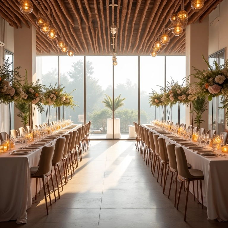 Recepção de casamento moderno com móveis minimalistas.