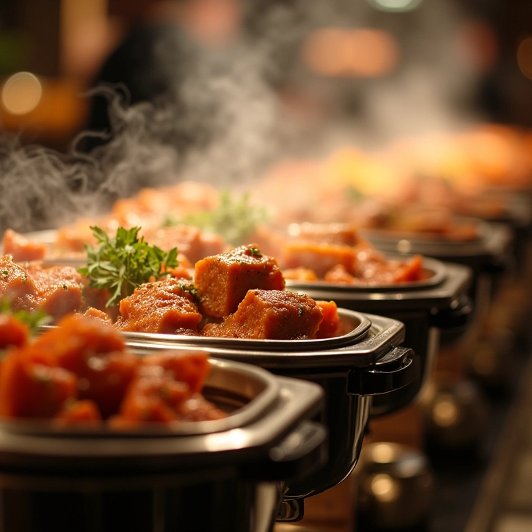 Rechauds mantendo a comida quente em um buffet.