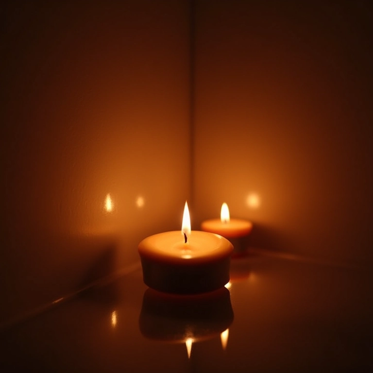 Reflexo de velas em mesa espelhada criando ambiente aconchegante.