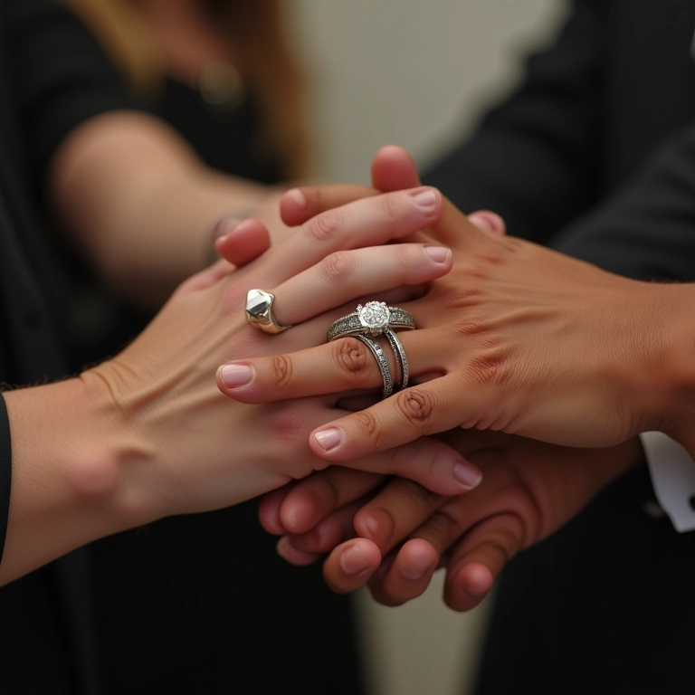 Representantes religiosos diversos abençoando alianças, união na diversidade.