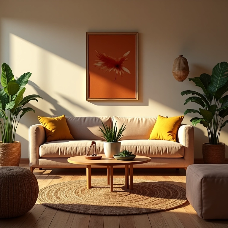 Sala de estar aconchegante com iluminação valorizando a decoração.