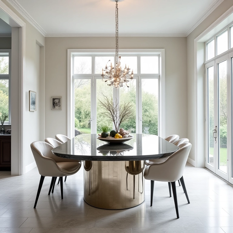 Sala de estar ampla com mesa de jantar espelhada redonda como destaque.