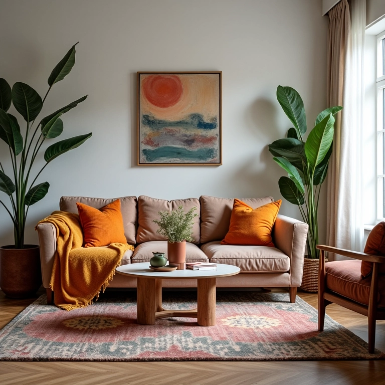 Sala de estar com móveis rústicos e decoração moderna.