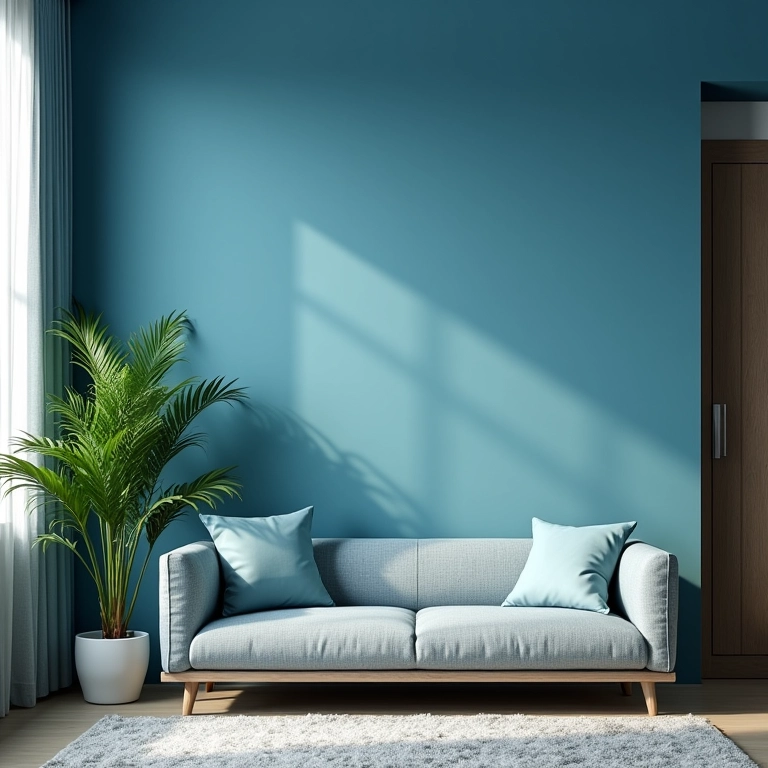 Sala de estar decorada com paleta de cores frias.